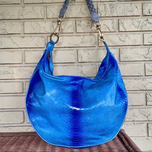 Caprice Bianca Blue Snake Embossed Leather Ombré Braided Hobo Shoulder Bag XL - Picture 1 of 9